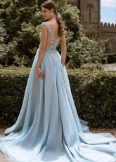 Vivien | A Line Lace Embroidered Light Pink Tulle Maxi Bridesmaid Dress with V - Neck - Price #price_variant_lowest# - Light Blue - PromDressClub